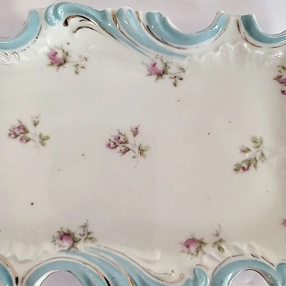 Vintage German Porcelain Tray Design of Small Purple Flowers w/ Blue & Gold Trim